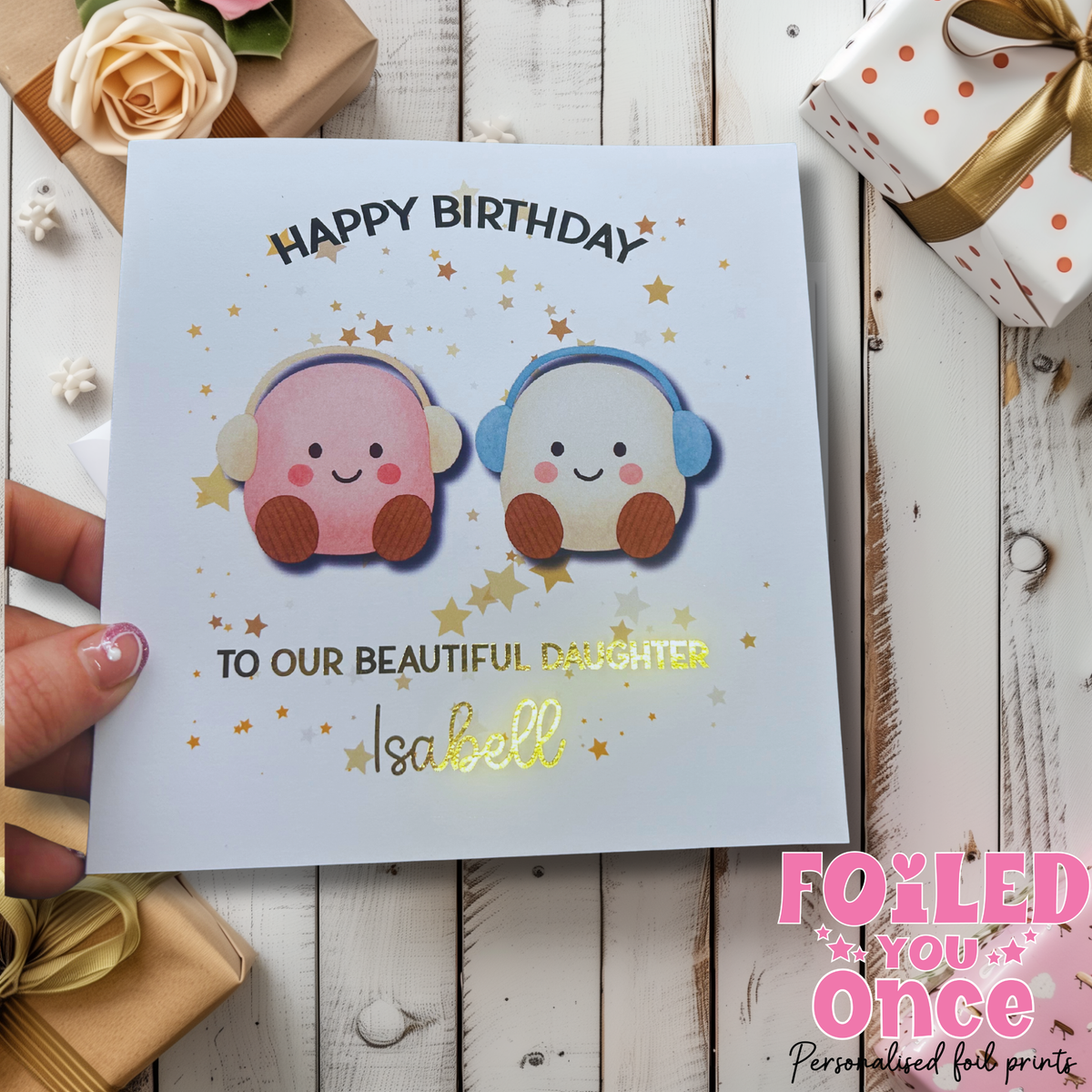 Personalised Birthday Card with Gold Foil • Kawaii Marshmallow Card 6x6 Cute Kids Birthday Card Daughter Birthday Card • 300gsm Luxury Card