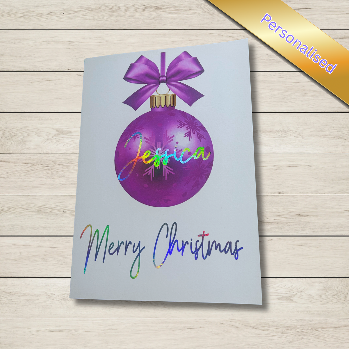 Personalised bauble Christmas Card — Silver holographic 5x7