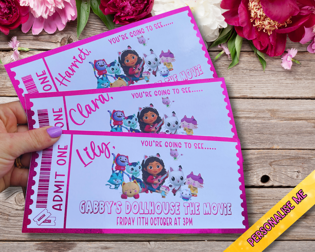 Personalised Gabby’s Dollhouse Movie Ticket | Foil Gift Voucher | Custom Kids Surprise Gift | Glitter Pink Foil Keepsake