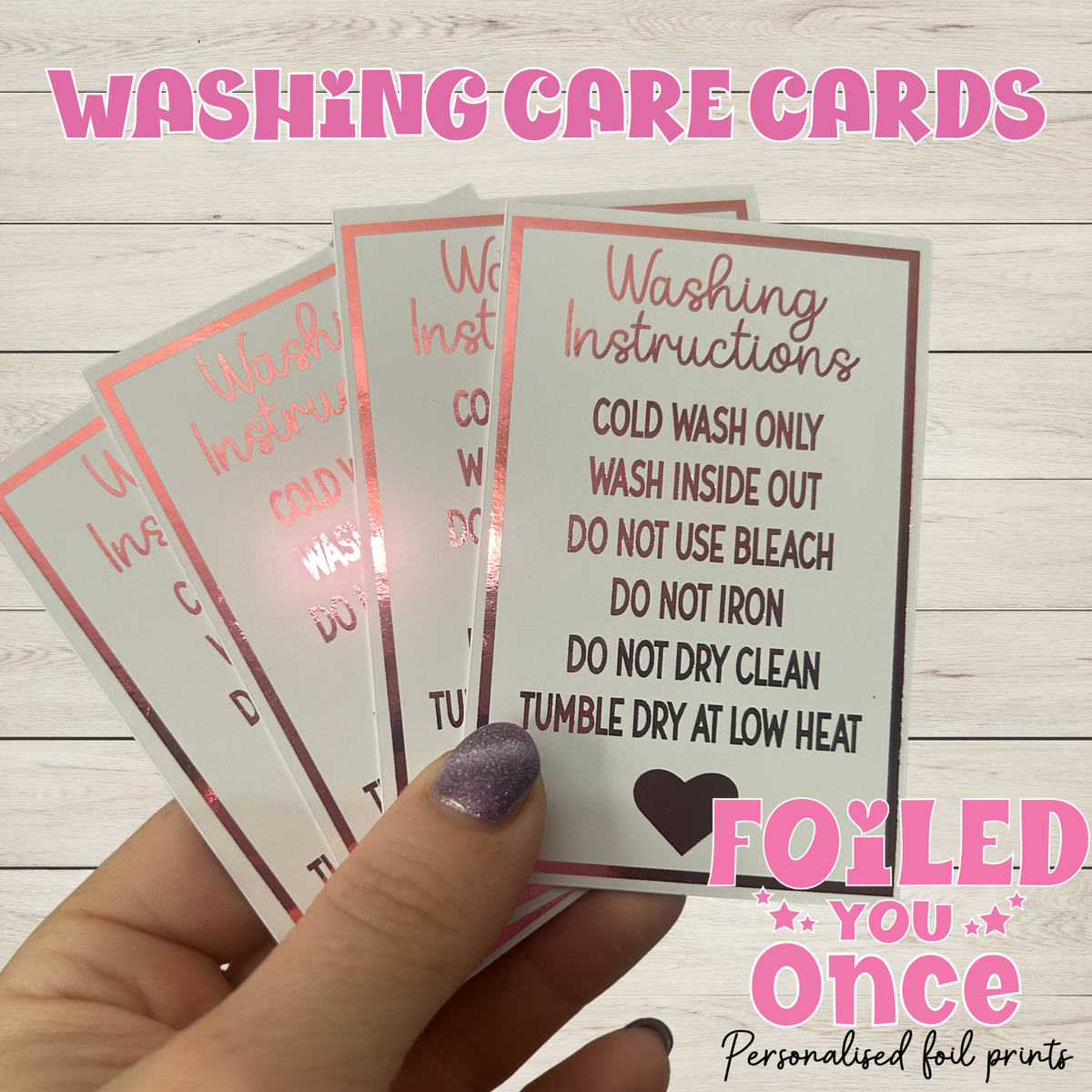 Washing Instruction Care Cards 85mm x 55mm | Clothing Care Cards | Small Business Packaging Inserts | Foil Finish Cards