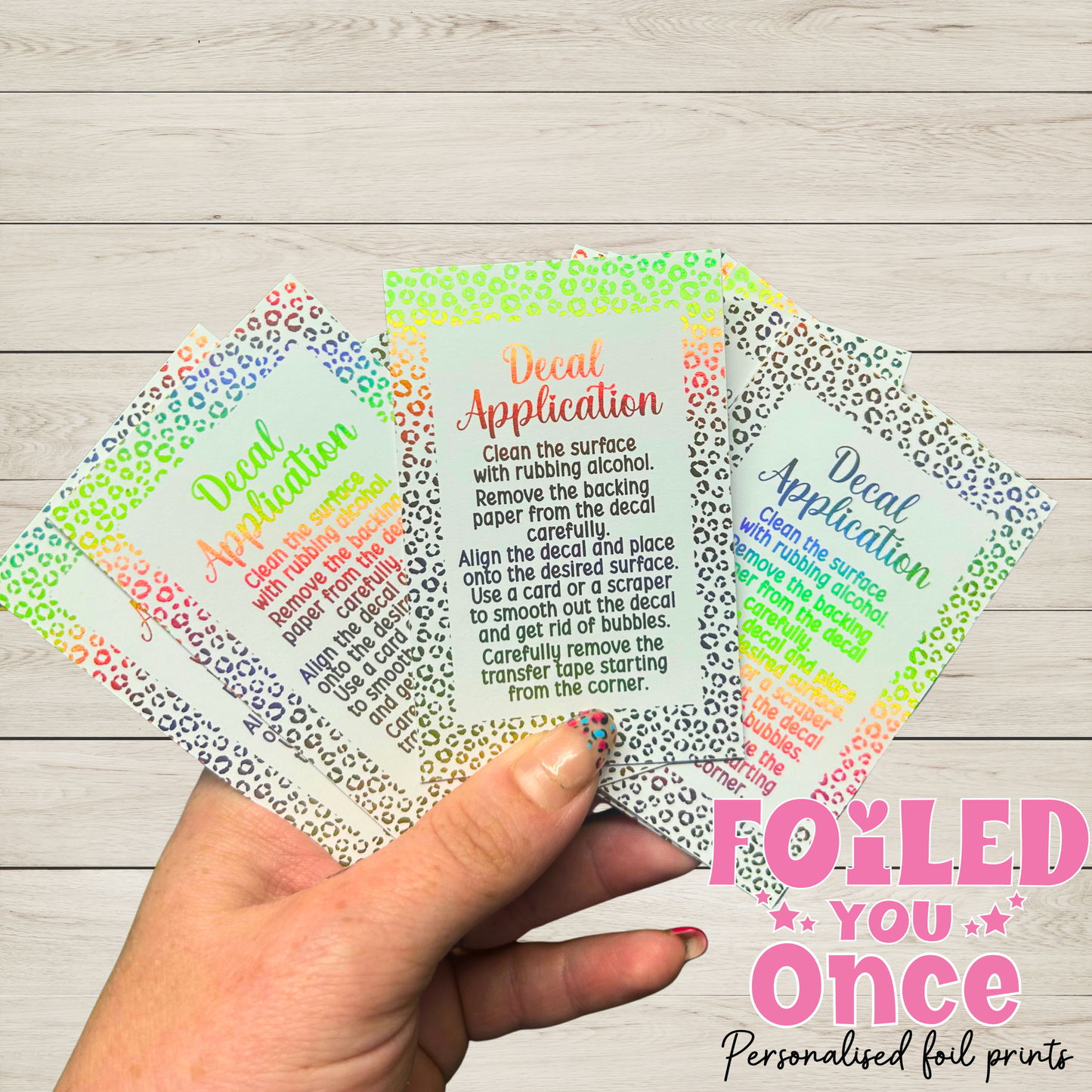 Leopard Decal Application Instruction Cards | Gold Holographic Foil | 85mm x 55mm | Small Business Packaging