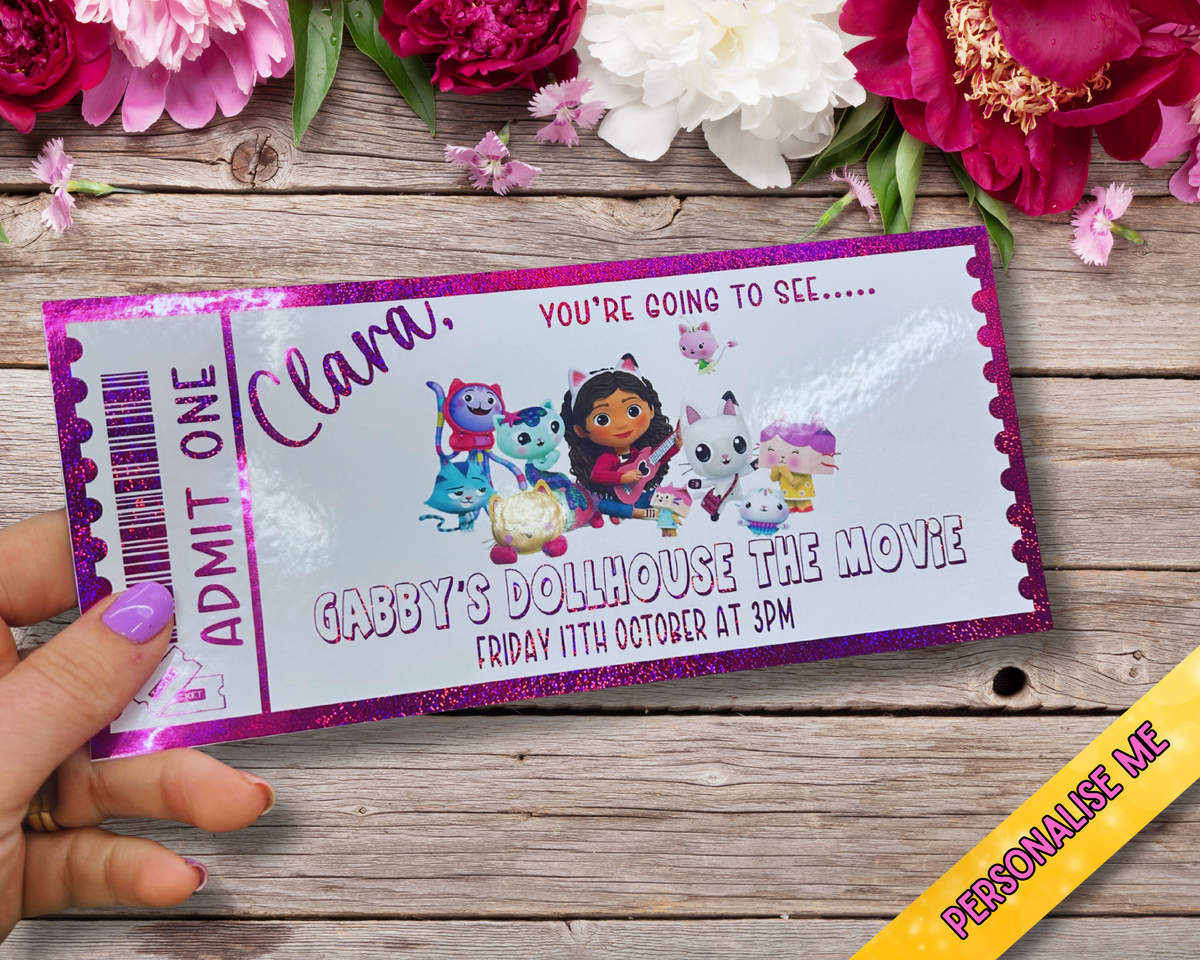 Personalised Gabby’s Dollhouse Movie Ticket | Foil Gift Voucher | Custom Kids Surprise Gift | Glitter Pink Foil Keepsake
