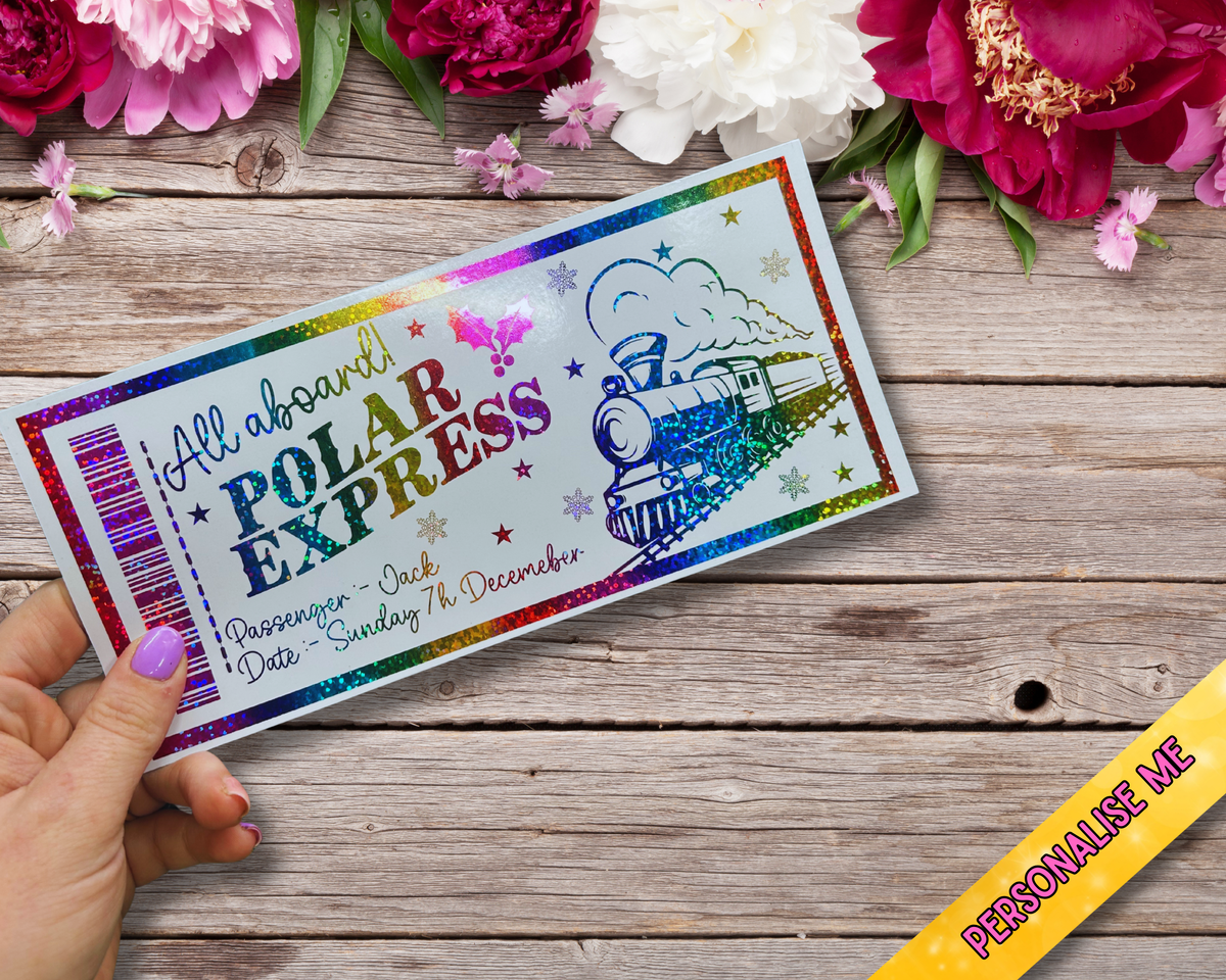 Personalised Polar Express Gift Ticket | Foiled Christmas Ticket | Gold Red or Rainbow Glitter Foil | 20x9cm Kids Keepsake