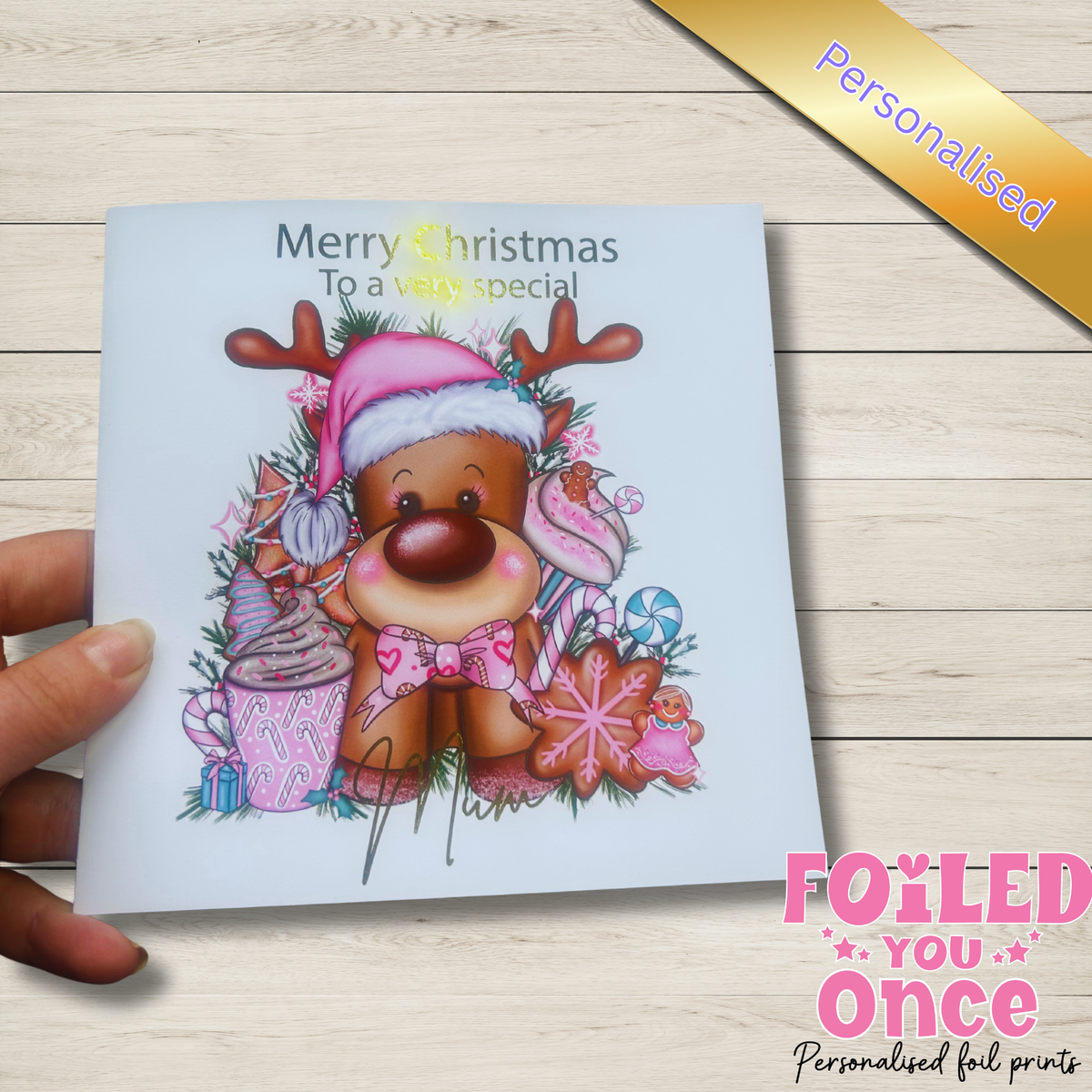 Cute Personalised Reindeer Christmas Card – Gold Foil – 6x6" Reindeer lover