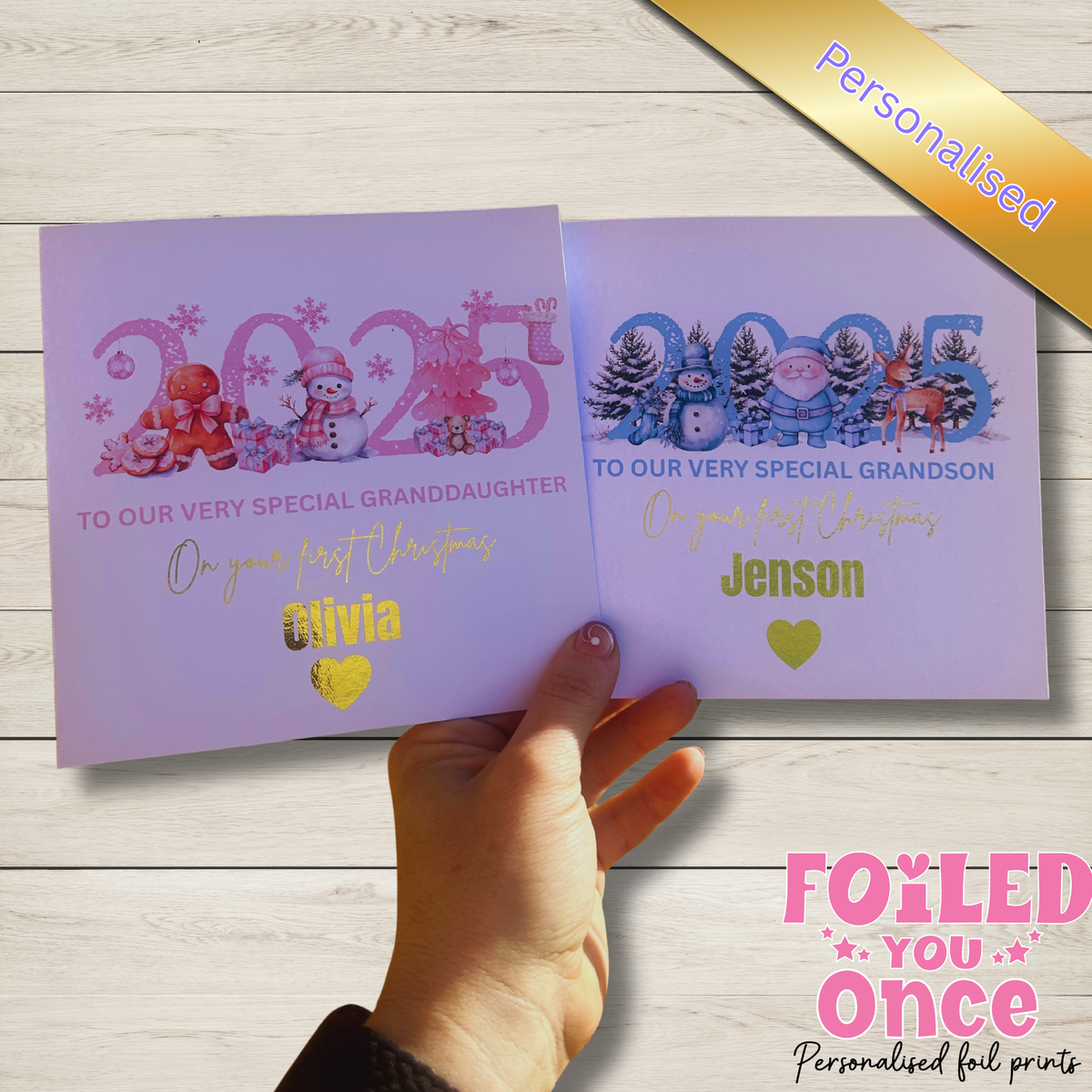 Personalised first Christmas 2025 card featuring stunning watercolour images