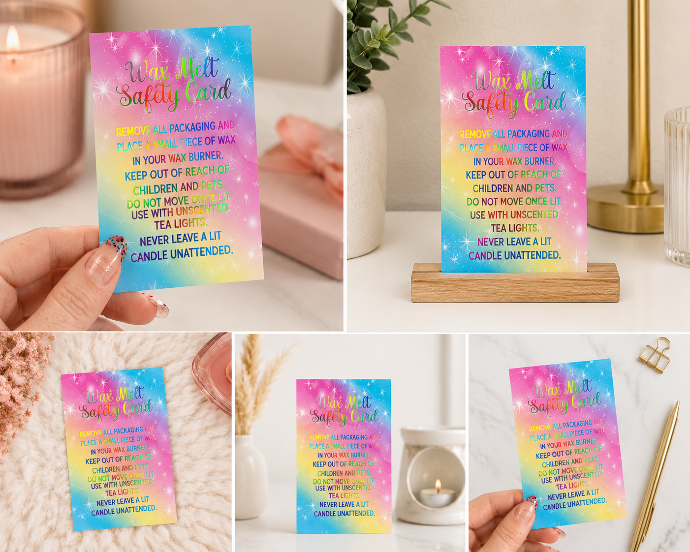 Personalised Wax Melt Safety Cards | Rainbow Holographic Foil | Wax Melt Care Cards | Small Business Packaging | Handmade Business