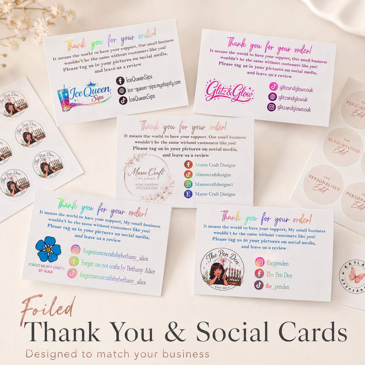 A set of personalized foiled thank you and social cards for businesses, displayed on a light beige textured background. The cards feature colorful headers, printed text, and circular logo stamps, with one card showing a photo placeholder.