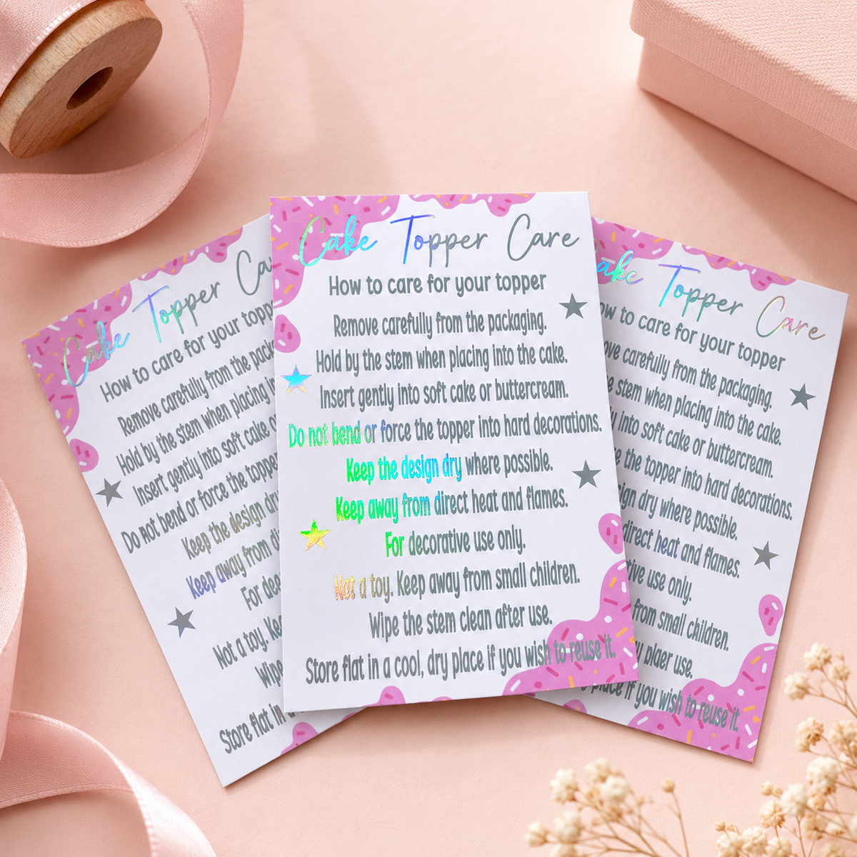 Foiled Cake Topper Care Cards | Cake Topper Instructions | Small Business Packaging Inserts