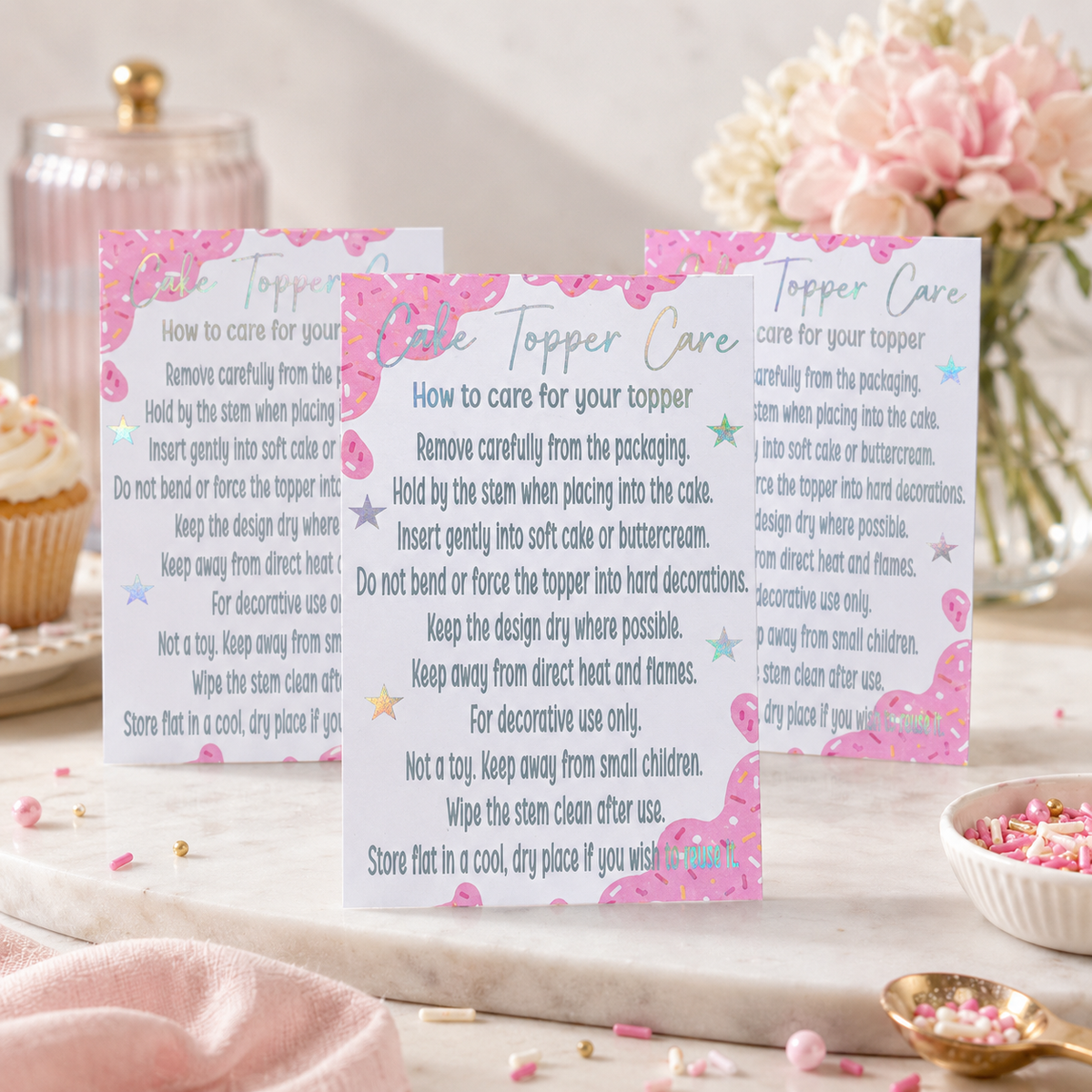 Foiled Cake Topper Care Cards | Cake Topper Instructions | Small Business Packaging Inserts