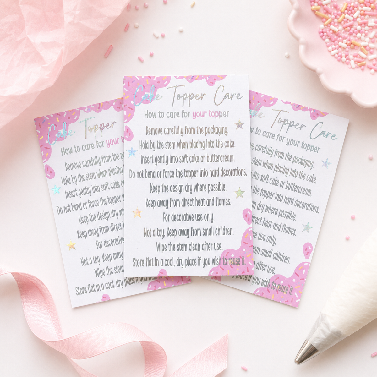 Foiled Cake Topper Care Cards | Cake Topper Instructions | Small Business Packaging Inserts