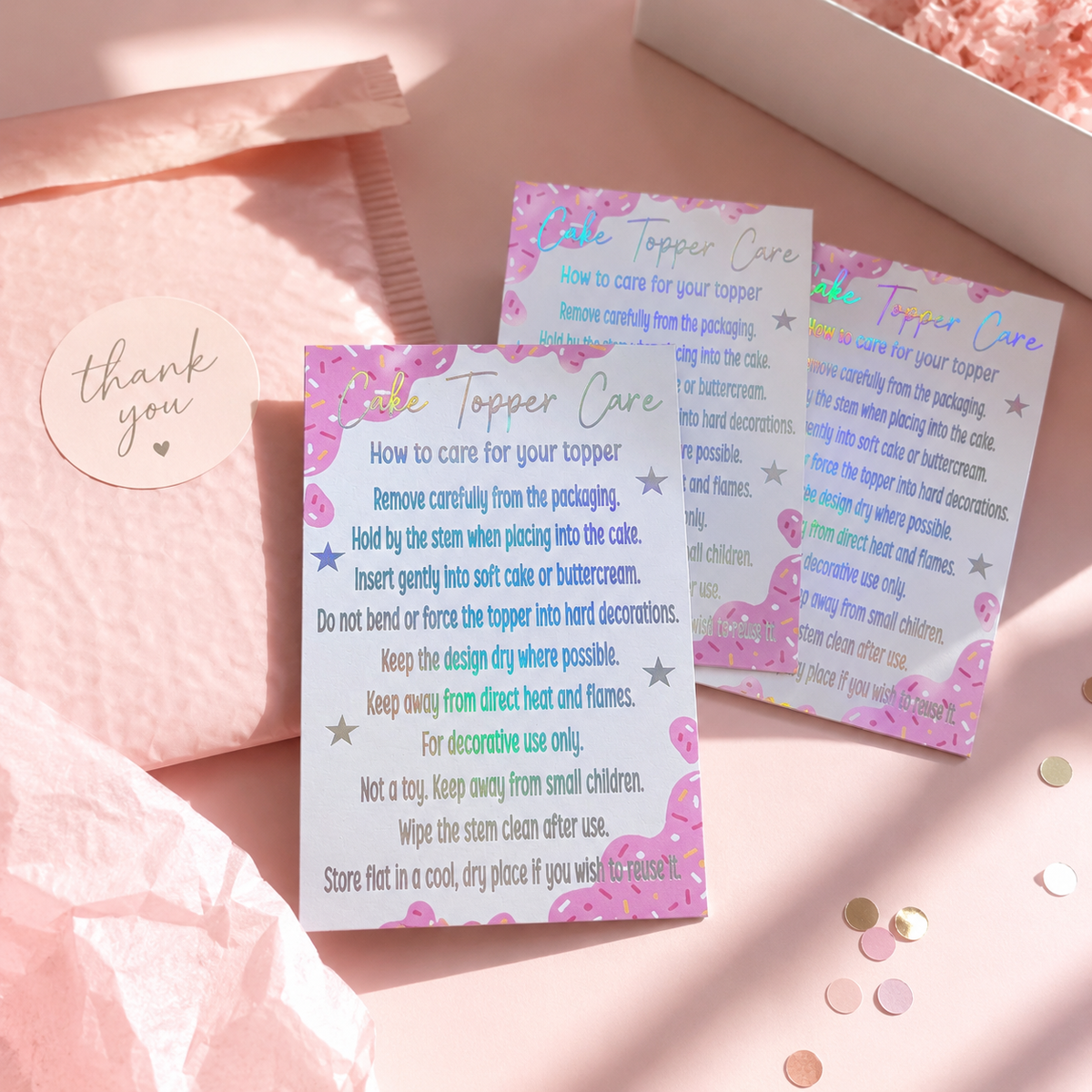 Foiled Cake Topper Care Cards | Cake Topper Instructions | Small Business Packaging Inserts