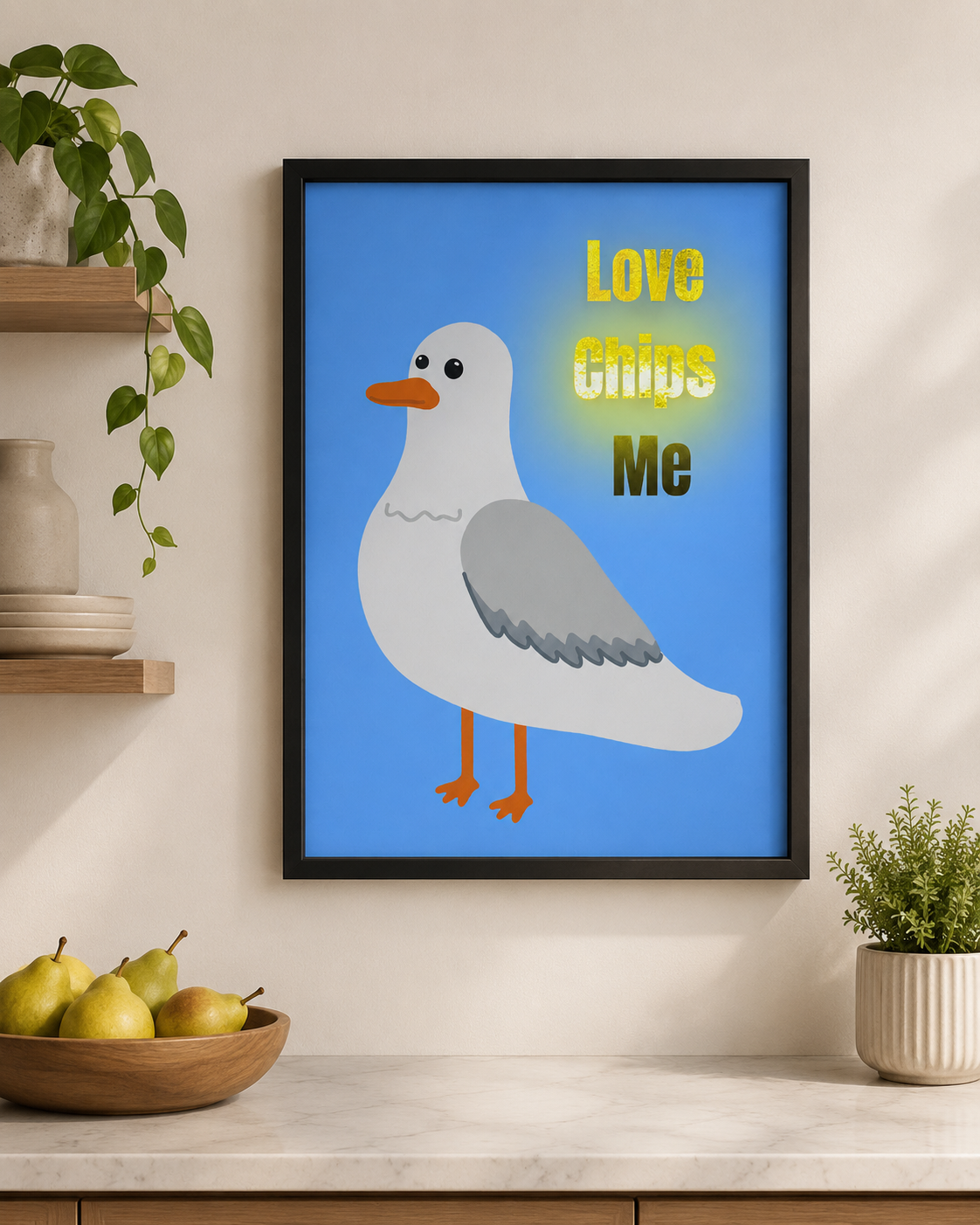 Love Chips Me Seagull A4 Foiled Print | Funny Seaside Wall Art & Gift