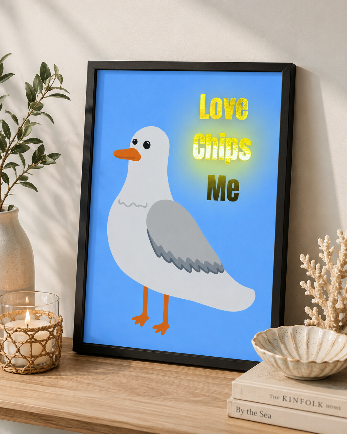 Love Chips Me Seagull A4 Foiled Print | Funny Seaside Wall Art & Gift
