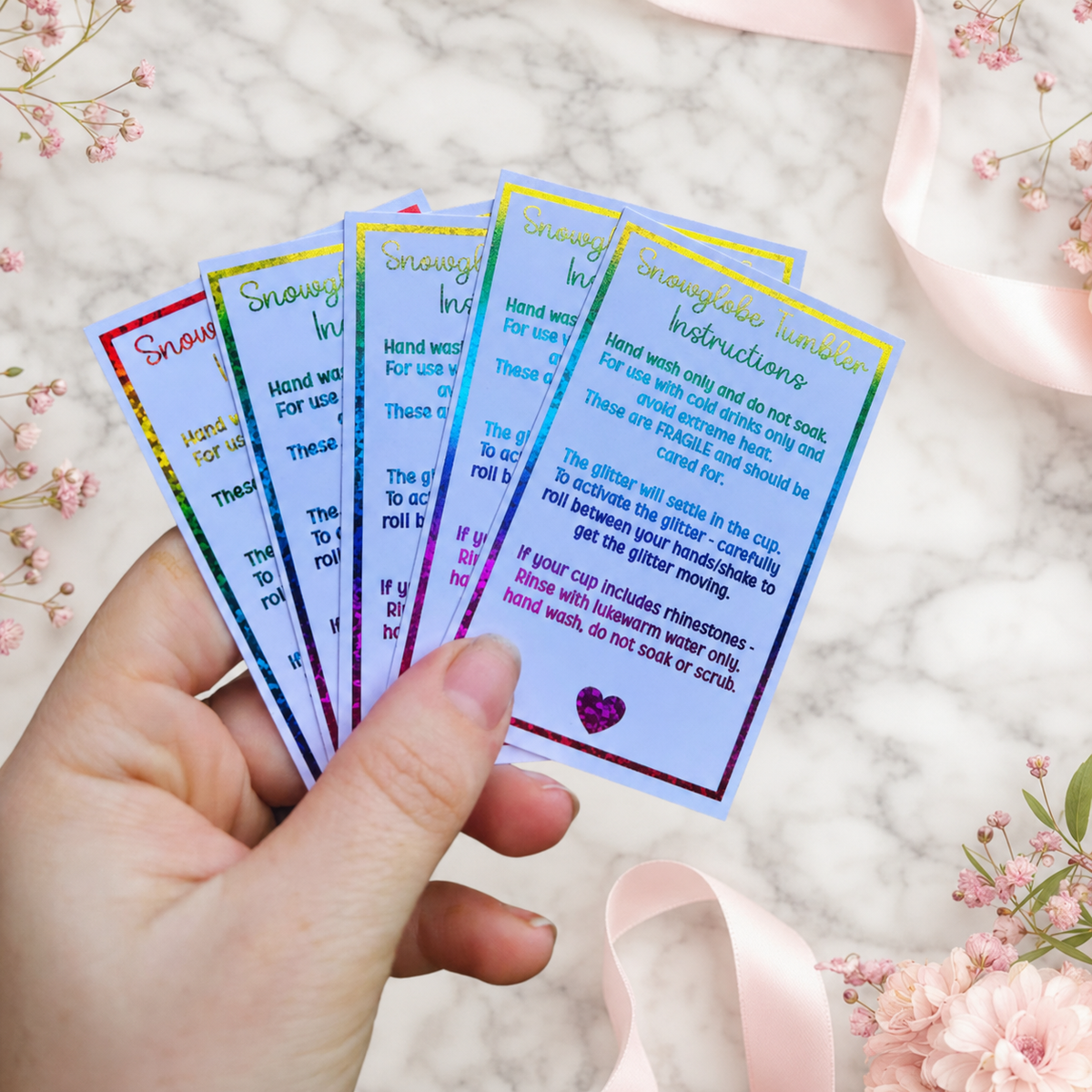 Snow globe Tumbler Care Cards 85mm x 55mm | Foil Care Instructions | Small Business Packaging Inserts