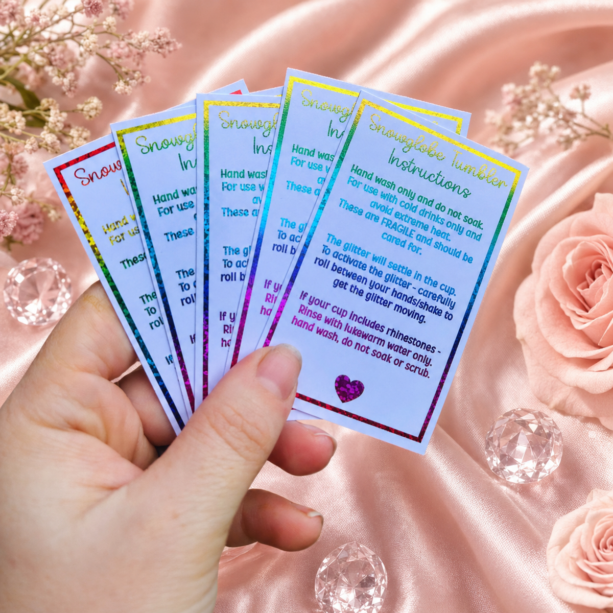 Snow globe Tumbler Care Cards 85mm x 55mm | Foil Care Instructions | Small Business Packaging Inserts