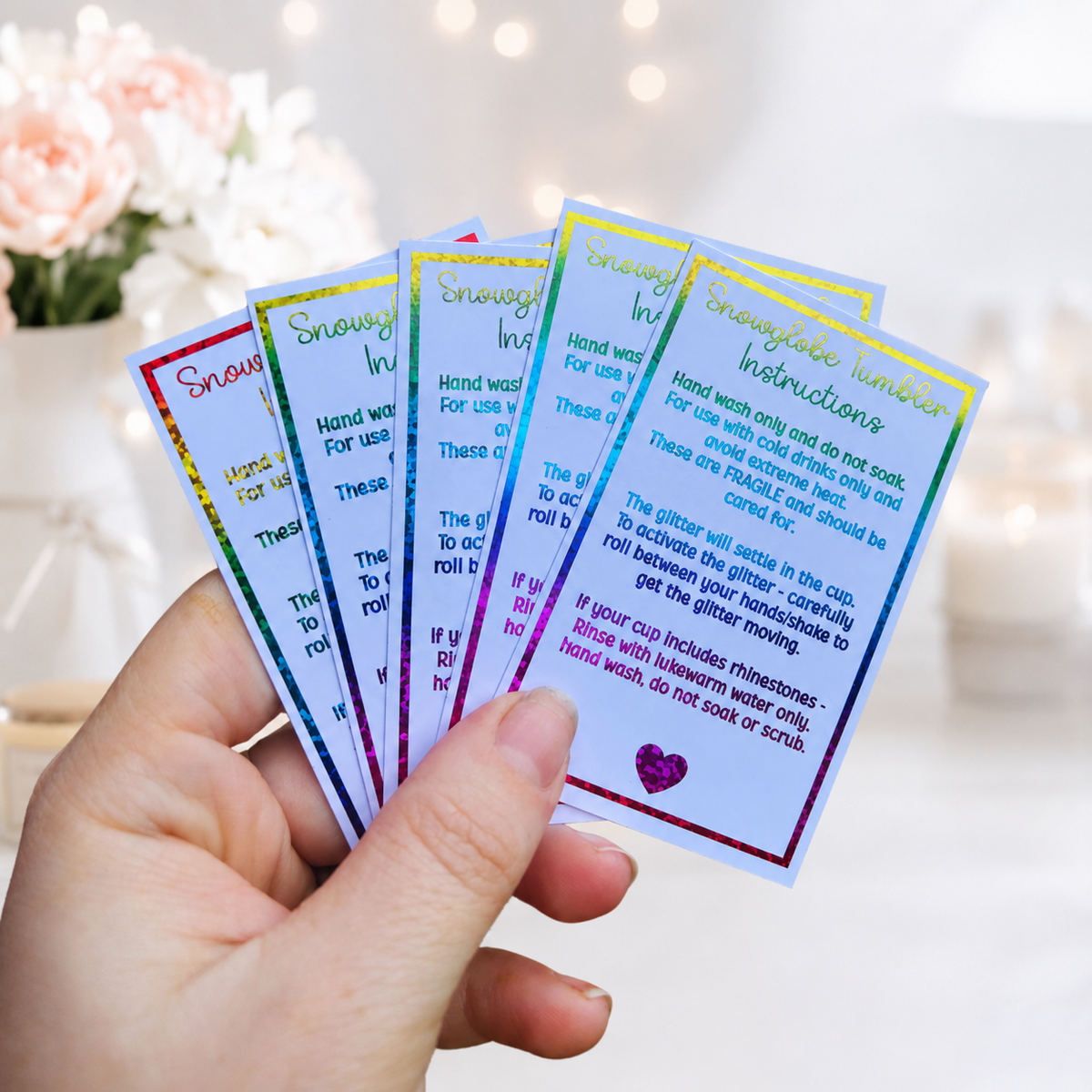 Snow globe Tumbler Care Cards 85mm x 55mm | Foil Care Instructions | Small Business Packaging Inserts