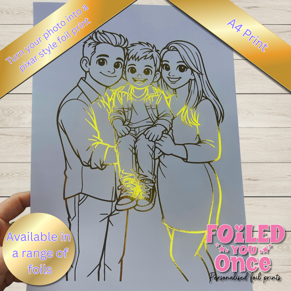 Custom cartoon family portrait from photo with foil finish, A4 print on 300gsm card