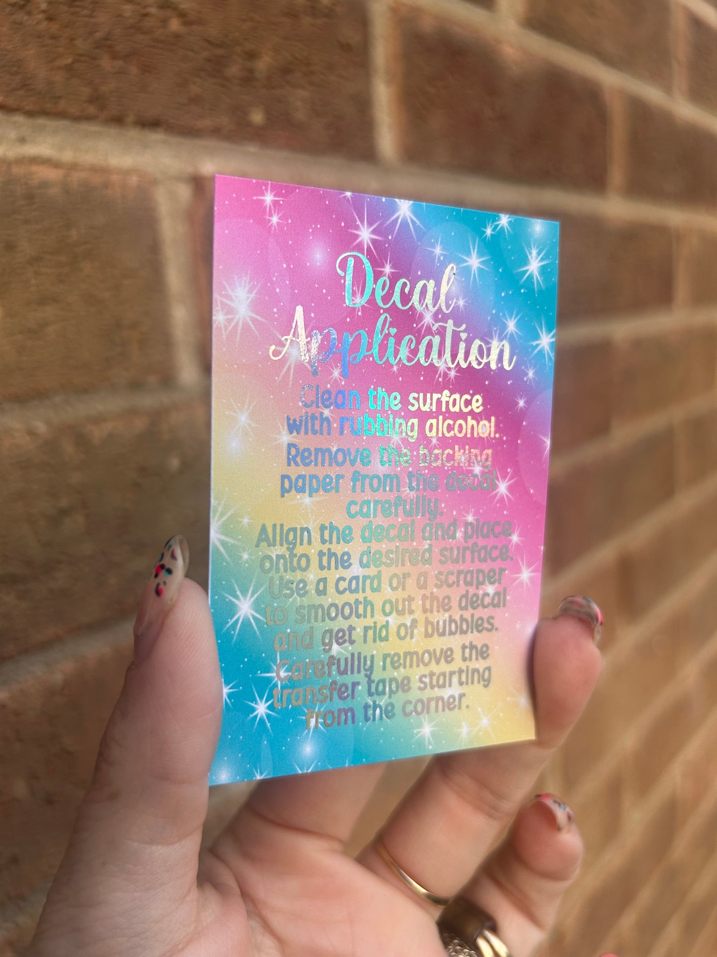 Decal Application Instruction Cards | Rainbow Holographic Foil | 85mm x 55mm | Small Business Packaging