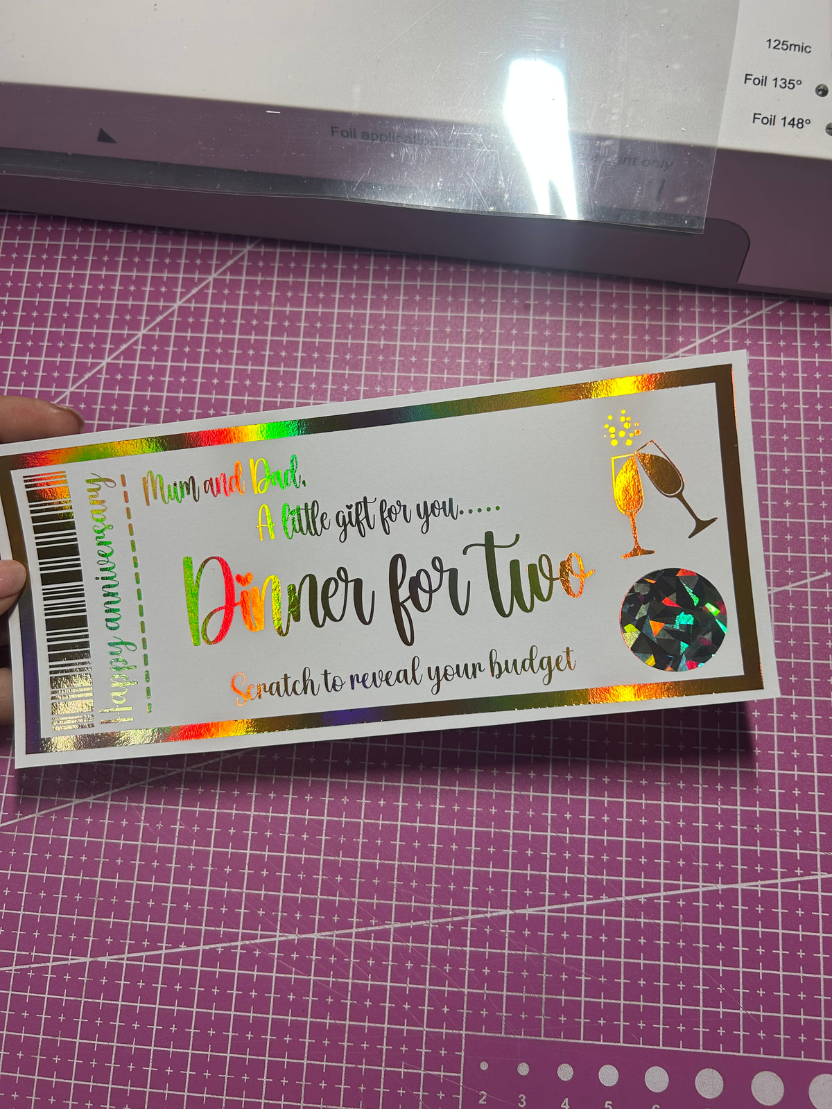 Dinner for two foiled ticket reveal