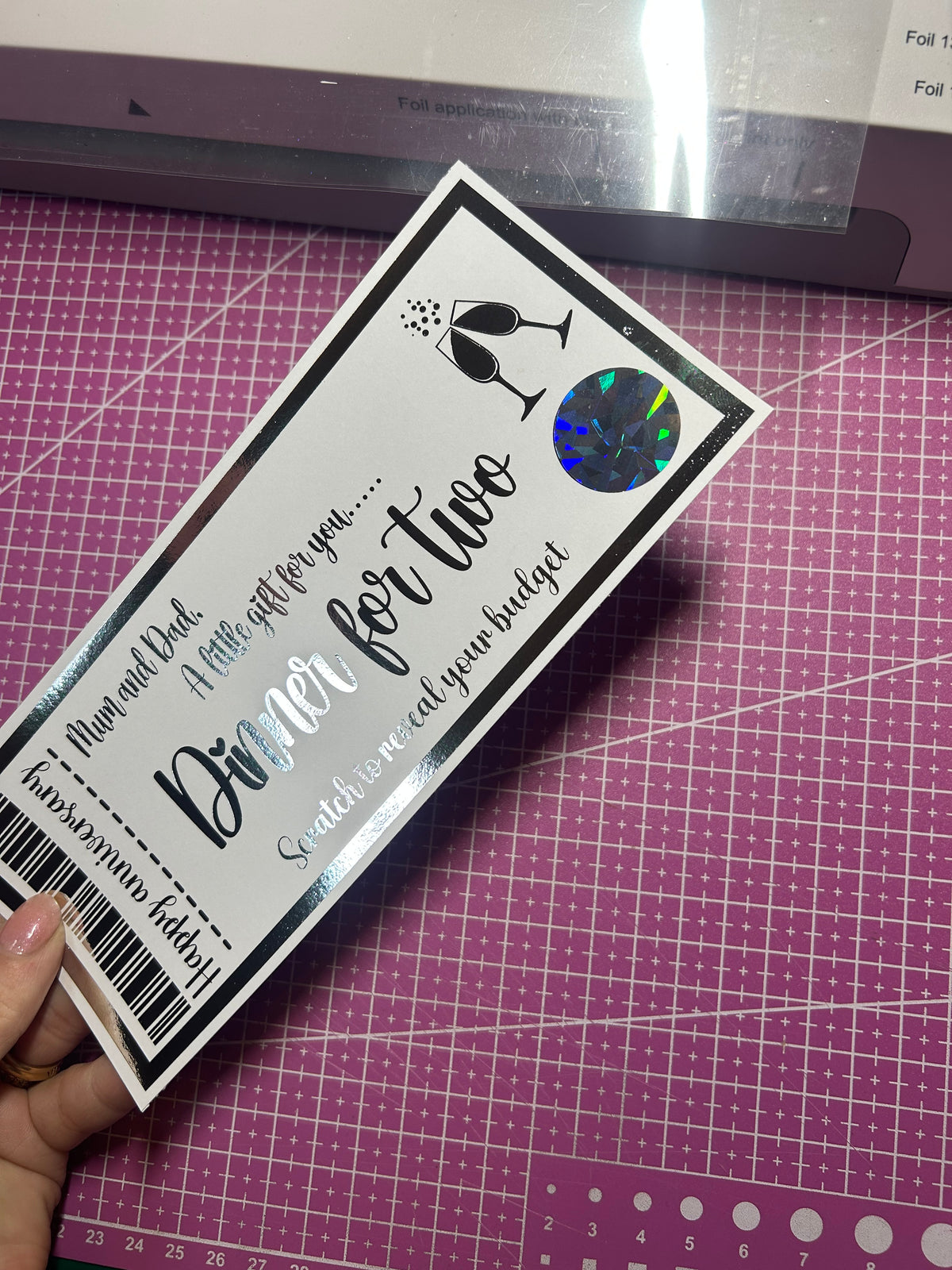 Dinner for two foiled ticket reveal