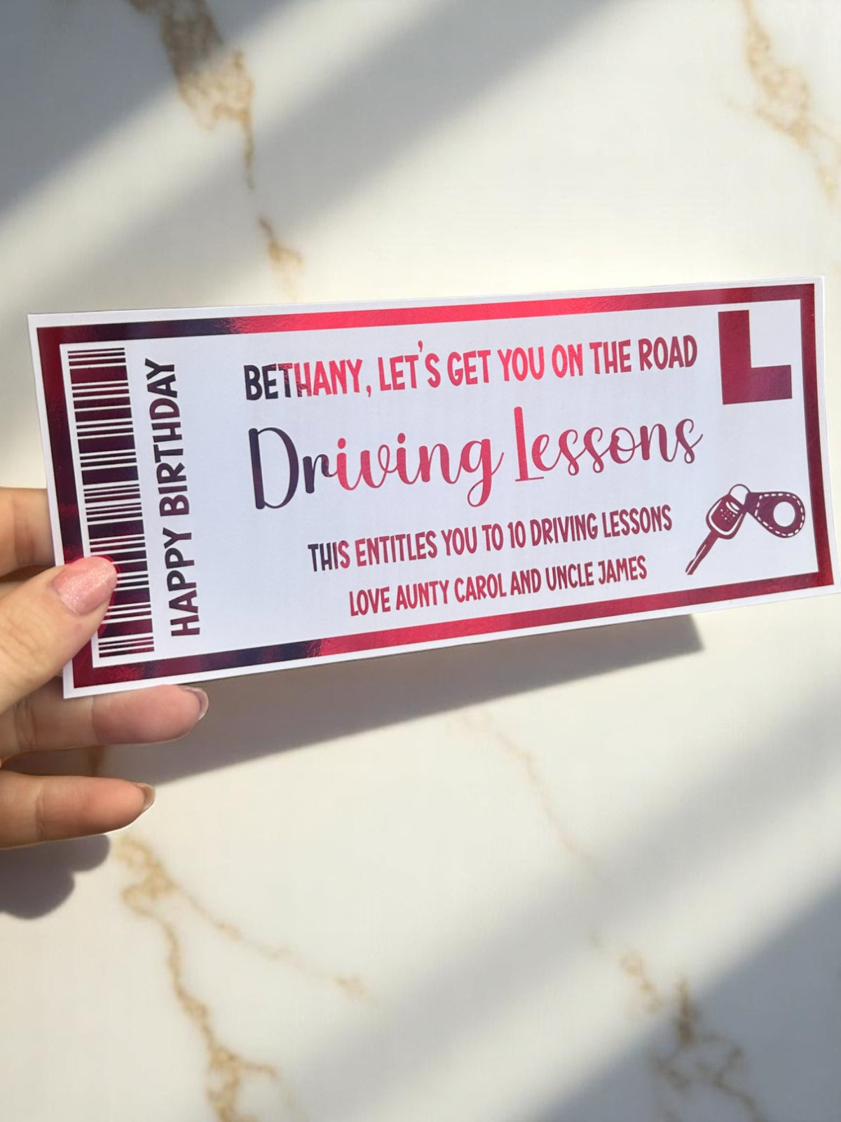 Personalised Driving Lesson Gift Ticket – Foil Keepsake Voucher Gift