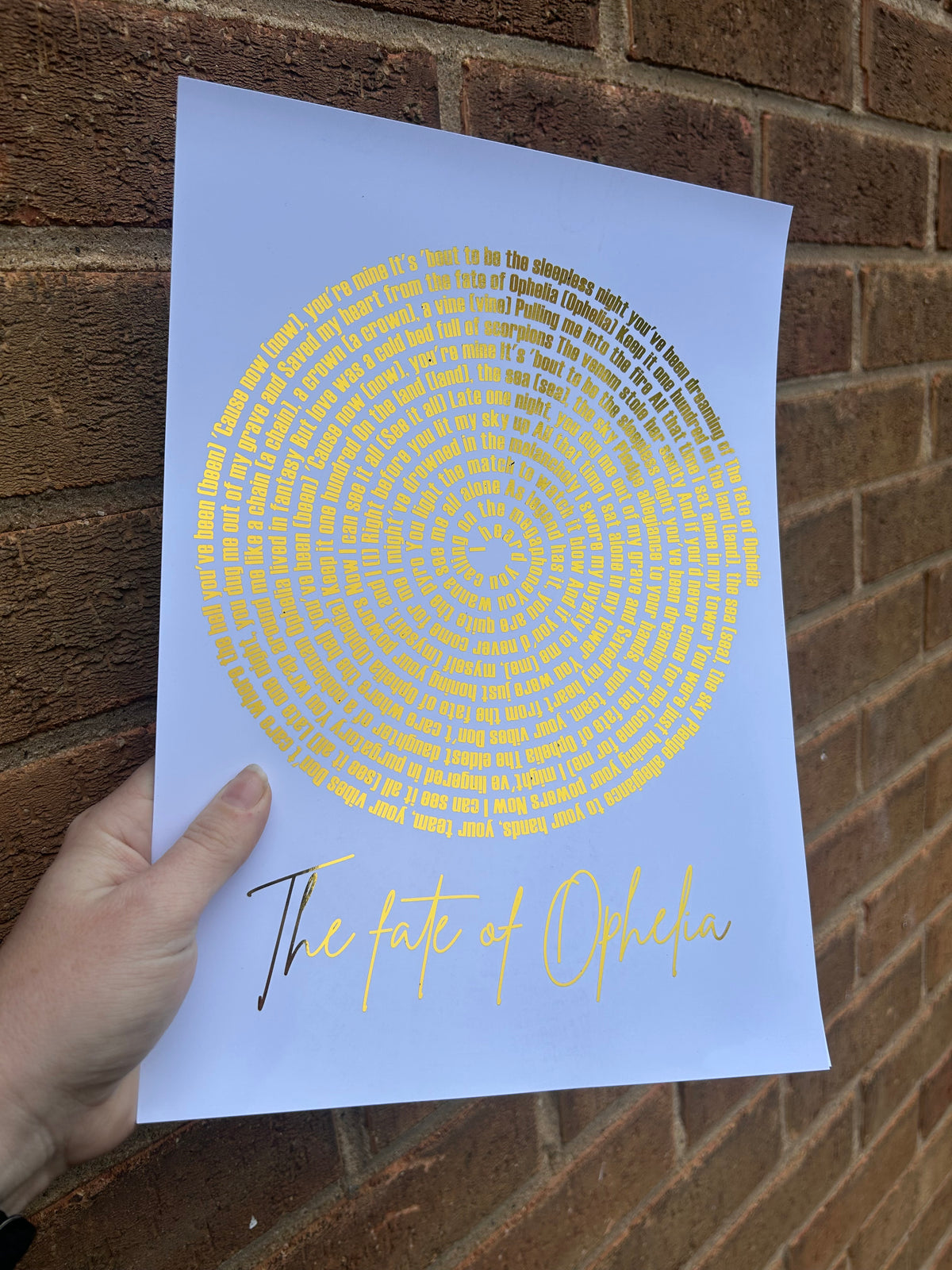 “Ophelia” Inspired Gold Foil Print | A4 Personalised Lyric Art | Taylor-Inspired Wall Decor