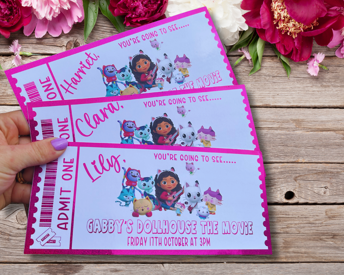 Personalised Gabby’s Dollhouse Movie Ticket | Foil Gift Voucher | Custom Kids Surprise Gift | Glitter Pink Foil Keepsake