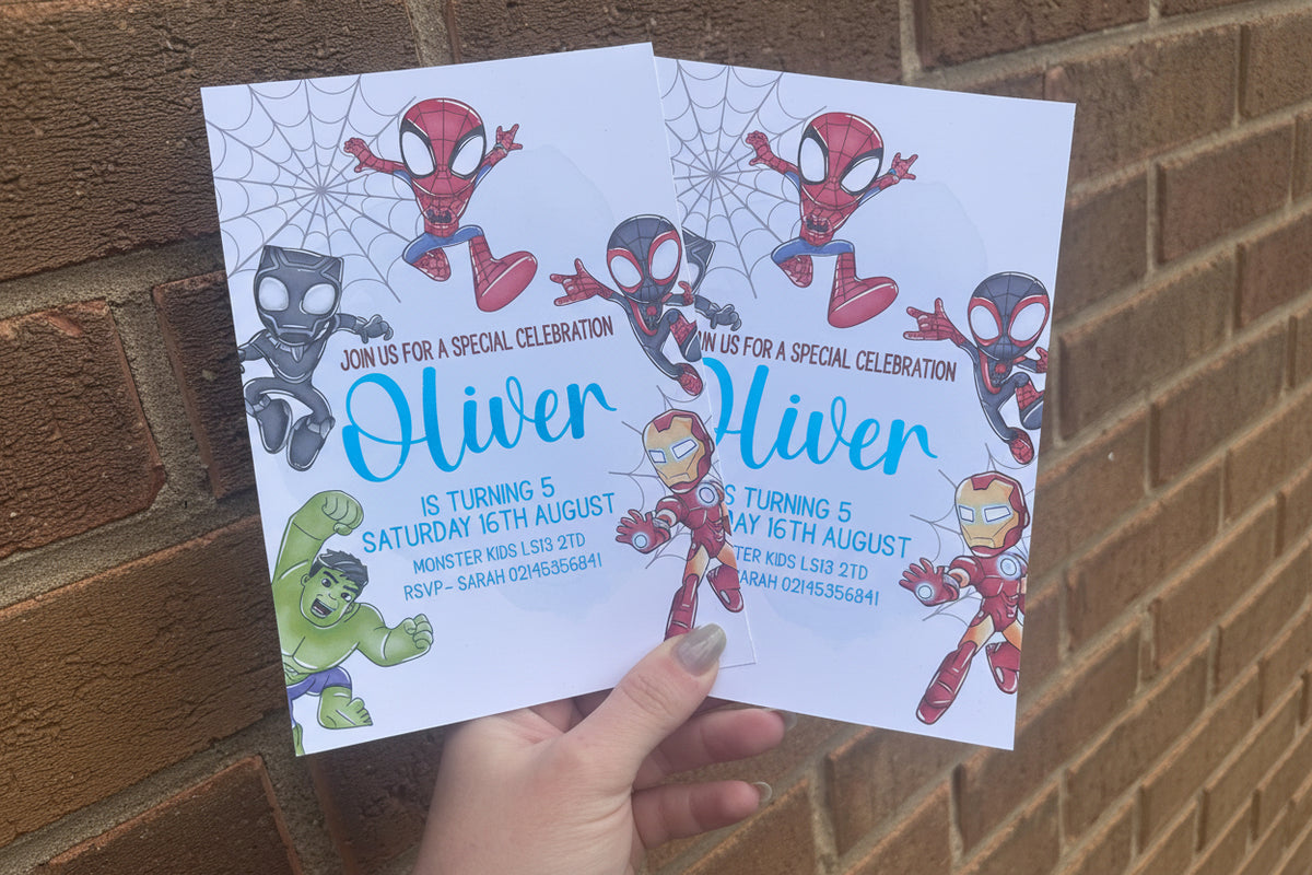 A5 superhero birthday invitations with envelopes included