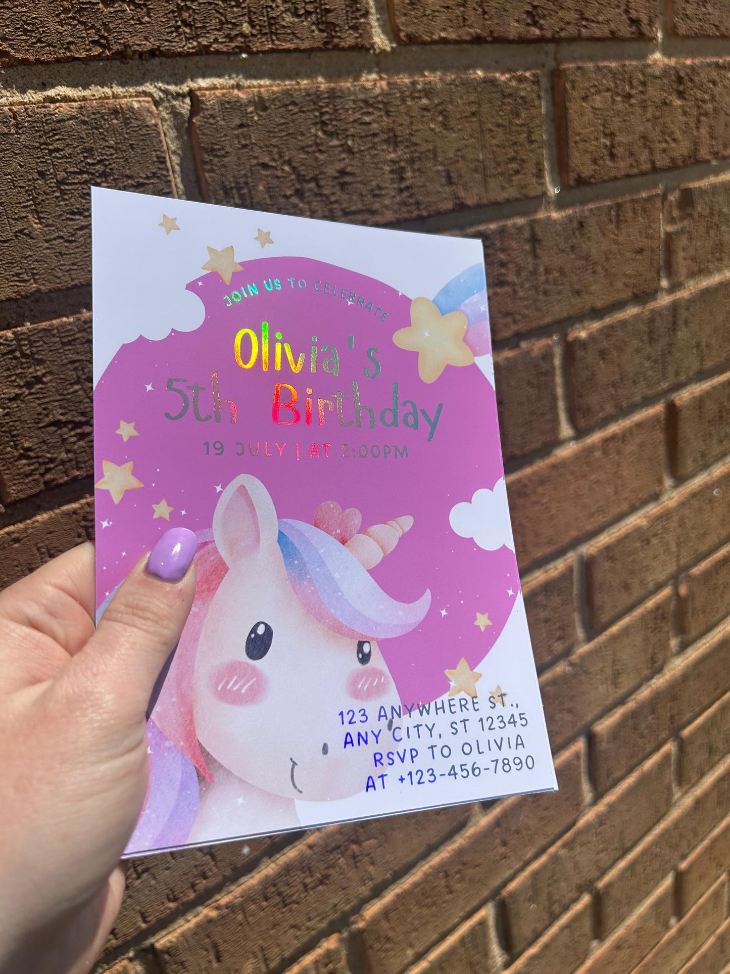 Personalised Unicorn Birthday Invitations | A5 Foil Kids Party Invites UK