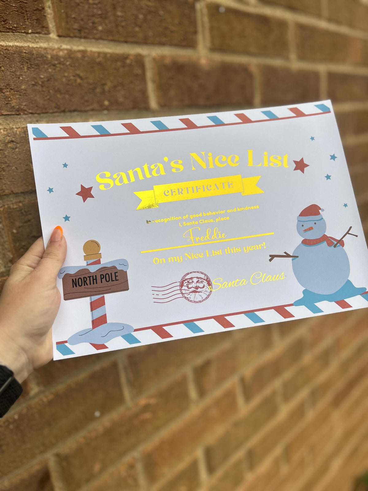 Personalised foiled Santa nice list certificate a4 size