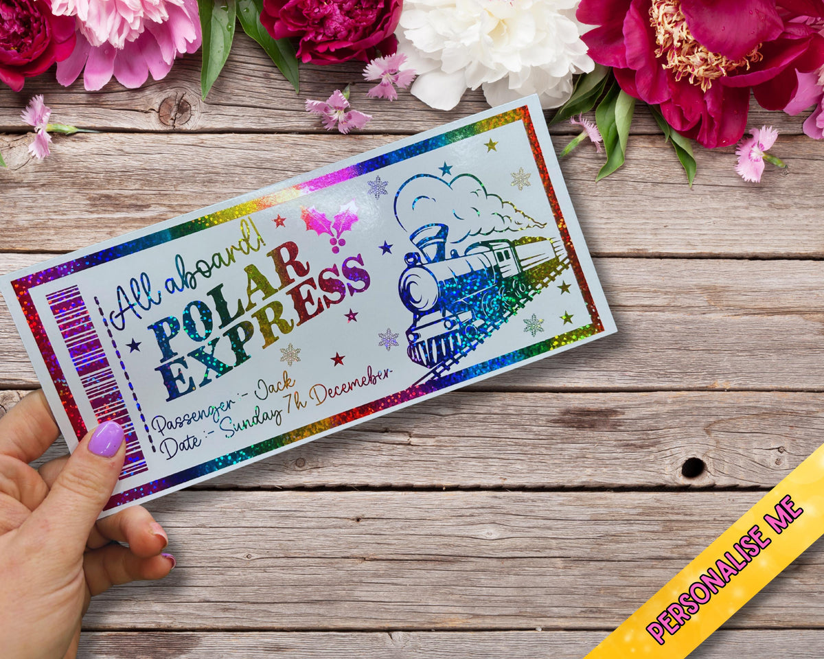 Personalised Polar Express Gift Ticket | Foiled Christmas Ticket | Gold Red or Rainbow Glitter Foil | 20x9cm Kids Keepsake