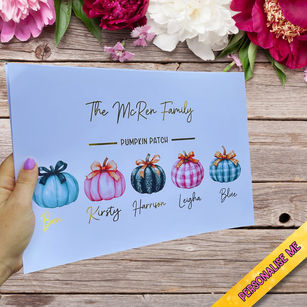 Personalised Gold Foil Pumpkin Family Print | A4 Autumn Wall Art | Custom Family Names Print