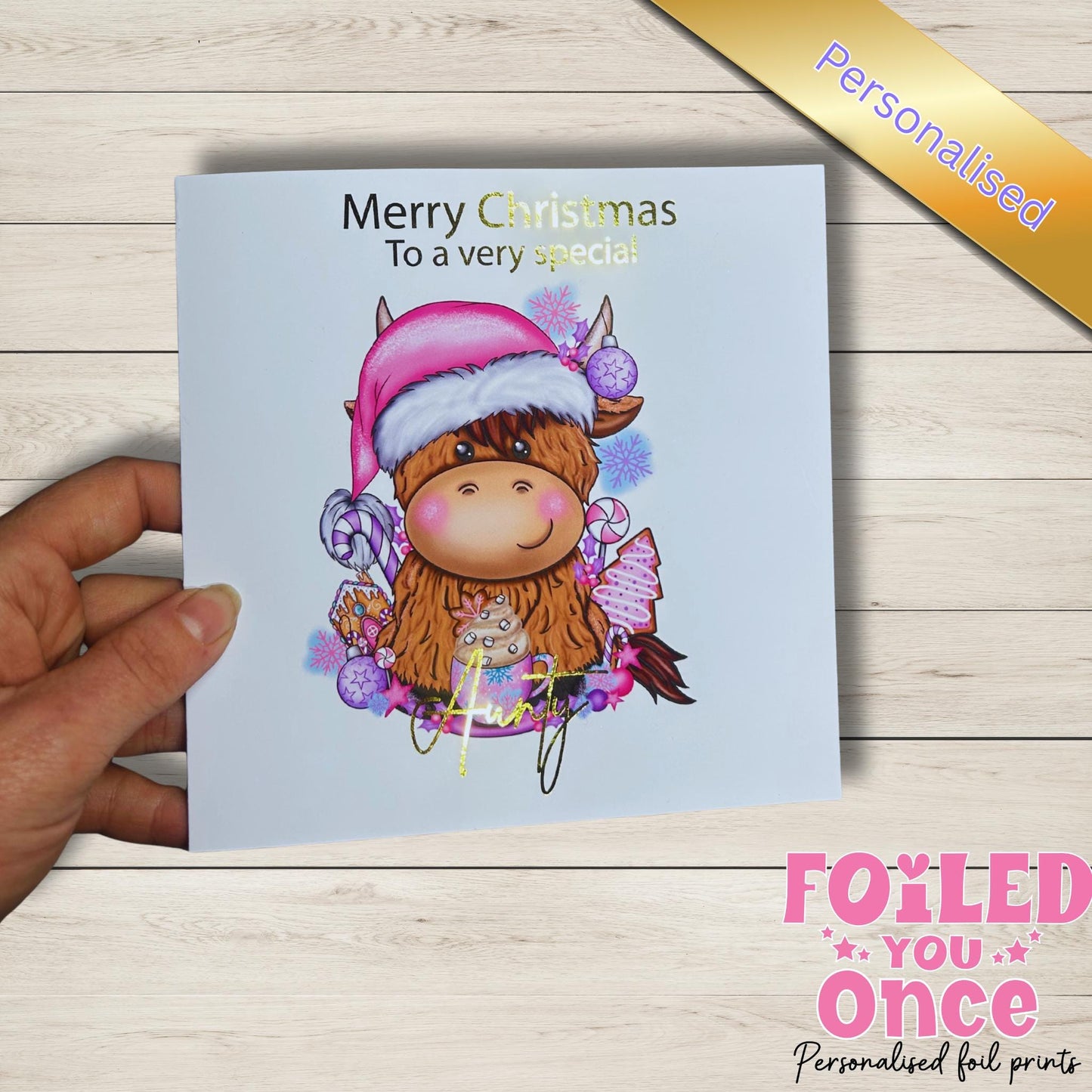 Personalised Highland Cow Christmas Card – Cute Gold Foil Holiday Greeting – Animal Lover Keepsake Card | luxury gold foil personalisation