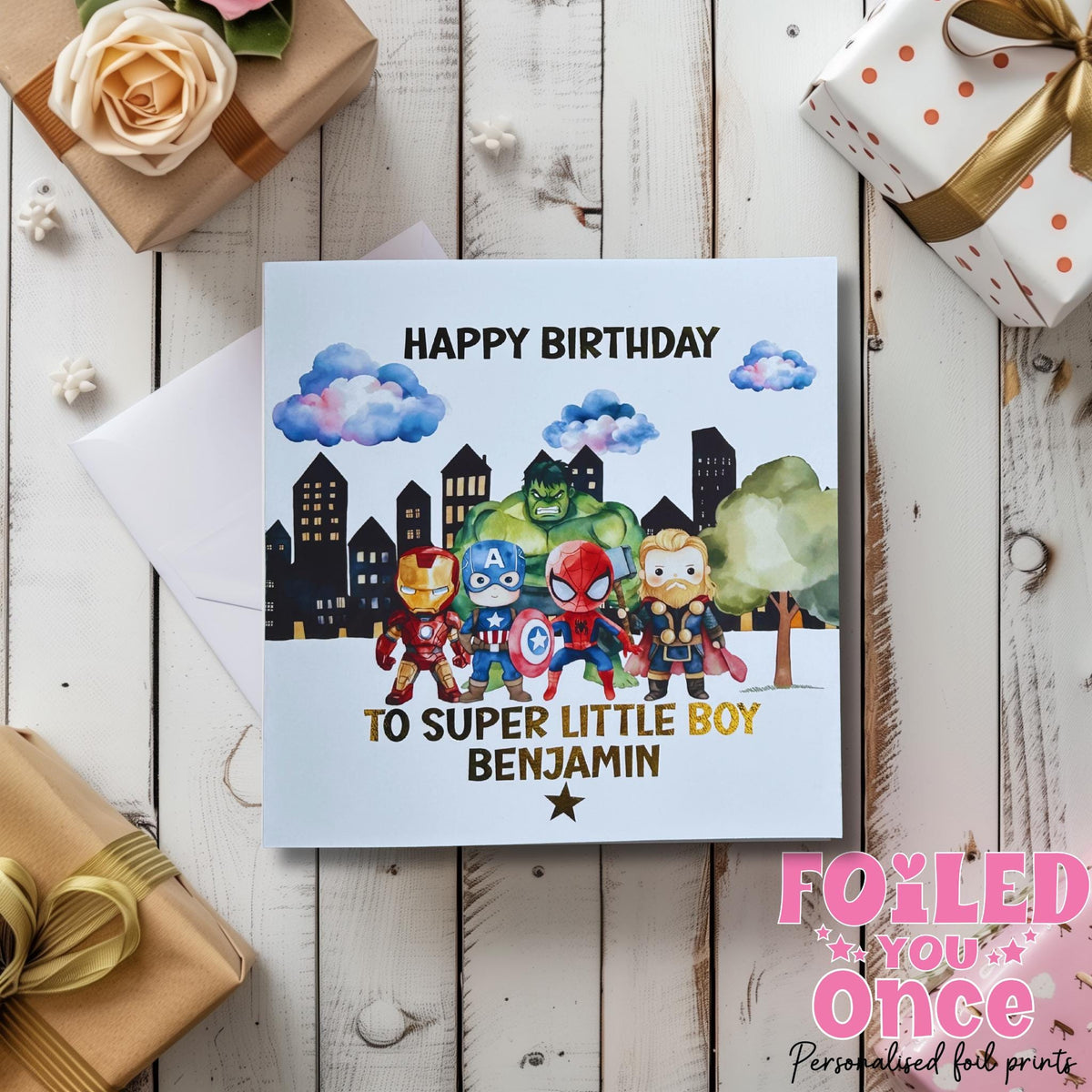 Personalised Superhero Birthday Card | Kids Birthday | luxury gold foil personalisation