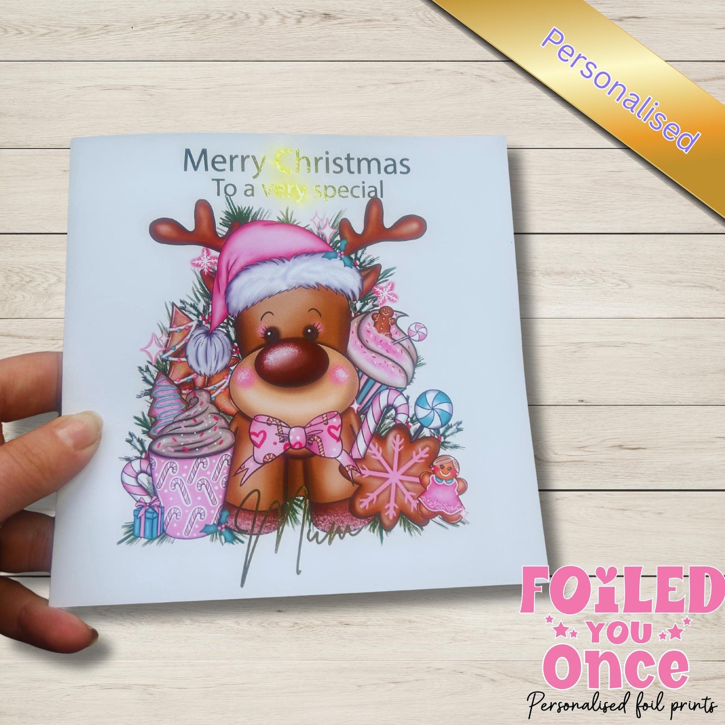 Cute Personalised Reindeer Christmas Card – Perfect for Aunty, Mum, Granddaughter Reindeer lover | luxury gold foil personalisation