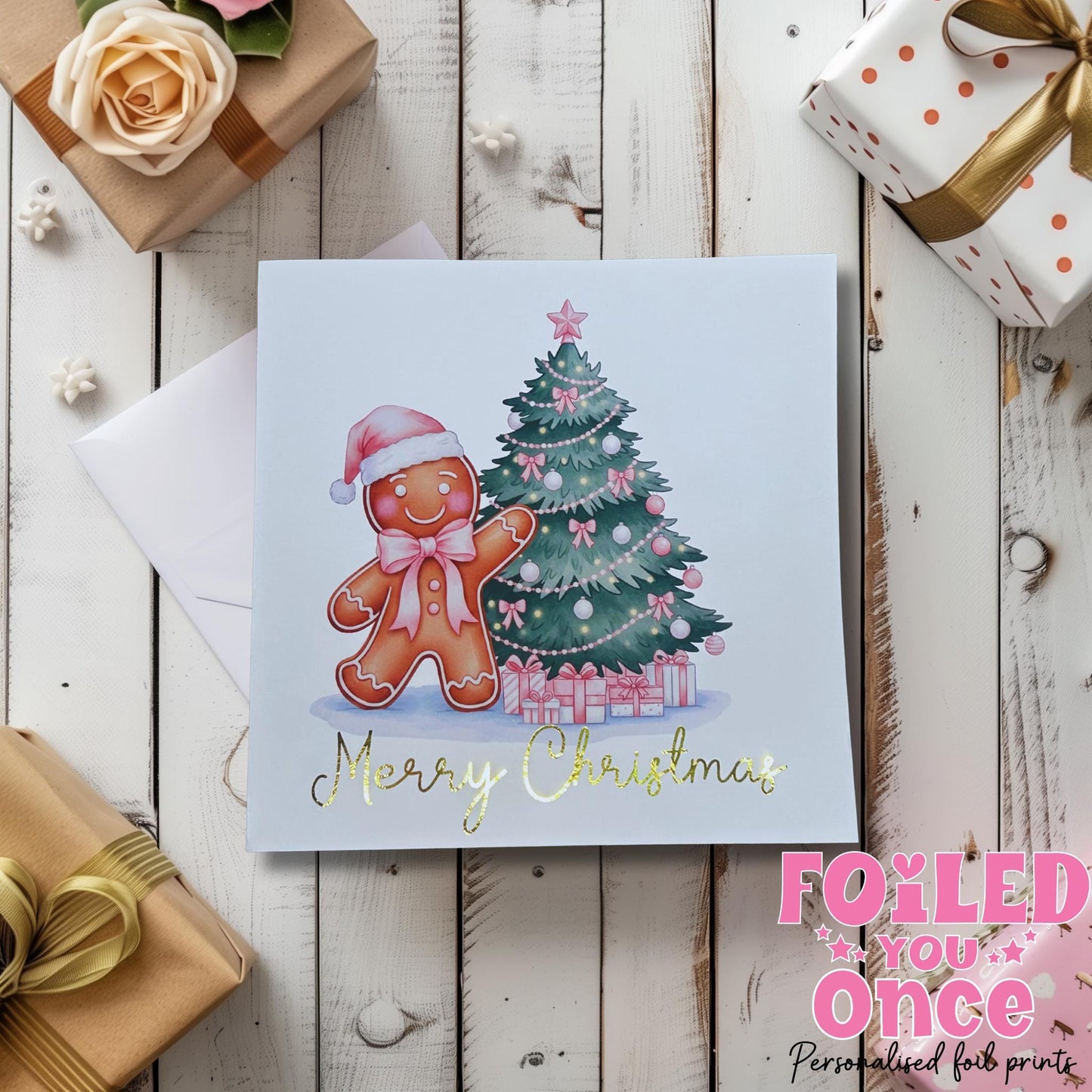 Merry Christmas Card Gold Foil | Gingerbread Christmas Tree 6x6 in | Holiday Greeting Card | luxury gold foil personalisation