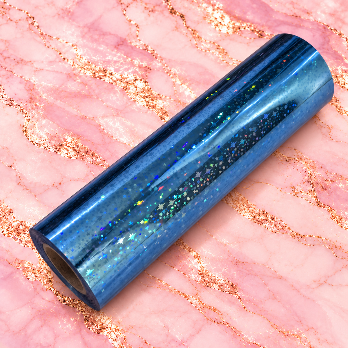 Snow Queen’s Sparkle blue star holographic toner reactive foil on blush pink marble