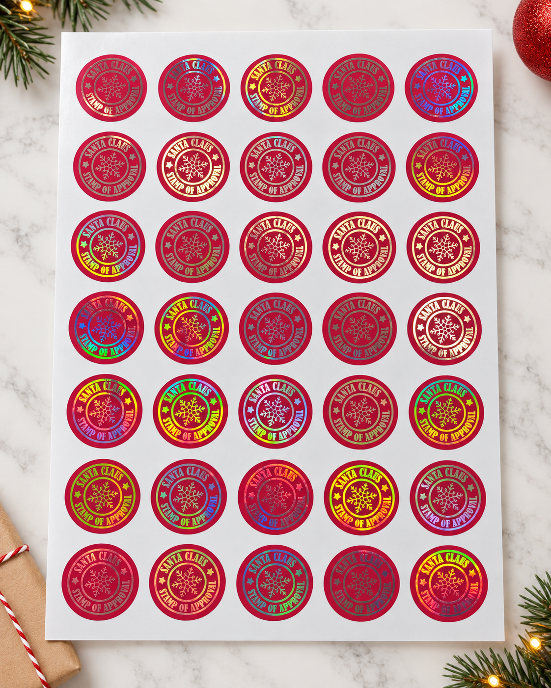 Santa Claus Stamp of Approval Stickers – 37mm Red & Gold Holographic Foil – Sheet of 35