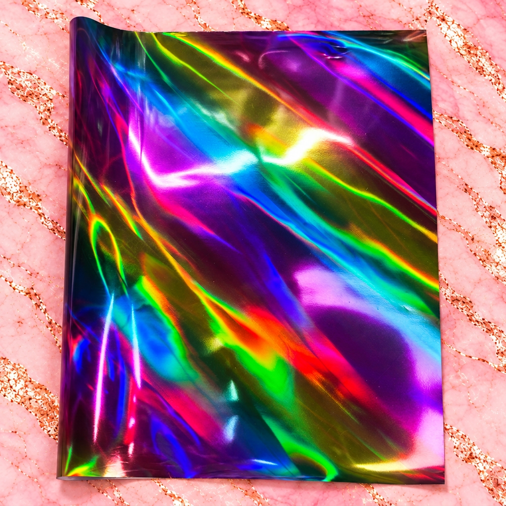 Wishing Star rainbow laser toner foil sheet showing its multicoloured reflective finish on blush pink marble