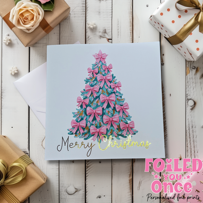 Merry Christmas Card – Gold Foil Christmas Tree with Pink Bows