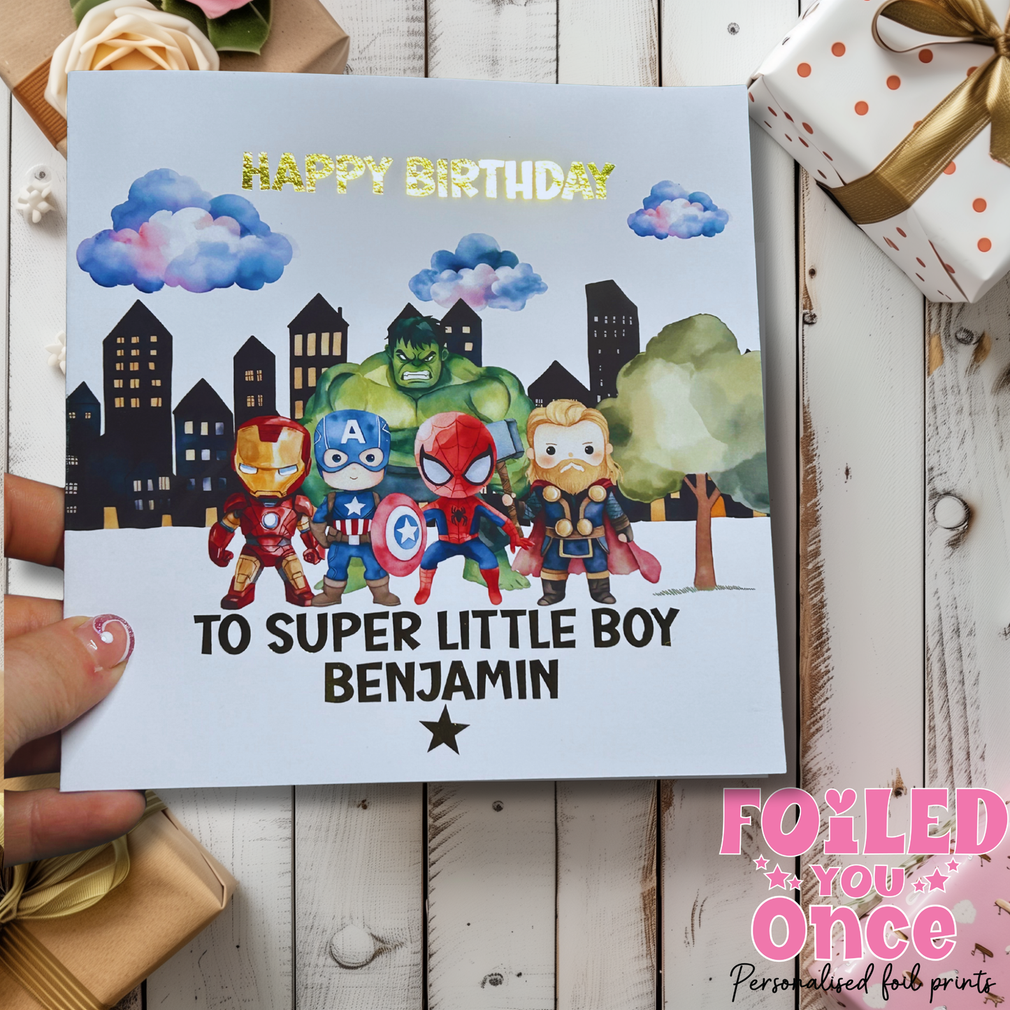 Personalised Superhero Birthday Card | Kids Birthday | luxury Blue foil personalisation