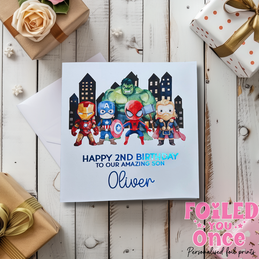 Personalised Superhero Birthday Card | Kids Birthday | luxury Blue foil personalisation