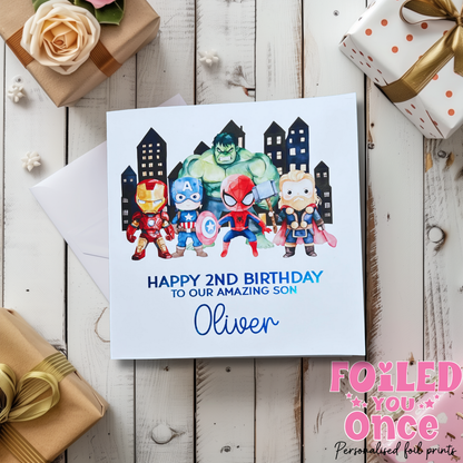 Personalised Superhero Birthday Card | Kids Birthday | luxury Blue foil personalisation