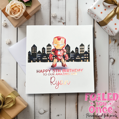 Personalised Superhero Birthday Card | Kids Birthday | luxury Red foil personalisation