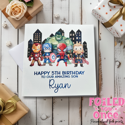 Personalised Superhero Birthday Card | Kids Birthday | luxury Blue foil personalisation