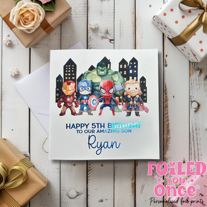 Personalised Superhero Birthday Card | Kids Birthday | luxury Blue foil personalisation
