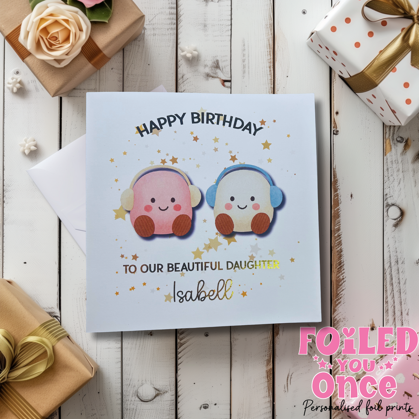 Personalised Birthday Card with Gold Foil • Kawaii Marshmallow Card 6x6  Cute Kids Birthday Card Daughter Birthday Card • 300gsm Luxury Card