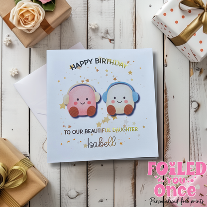 Personalised Birthday Card with Gold Foil • Kawaii Marshmallow Card 6x6  Cute Kids Birthday Card Daughter Birthday Card • 300gsm Luxury Card