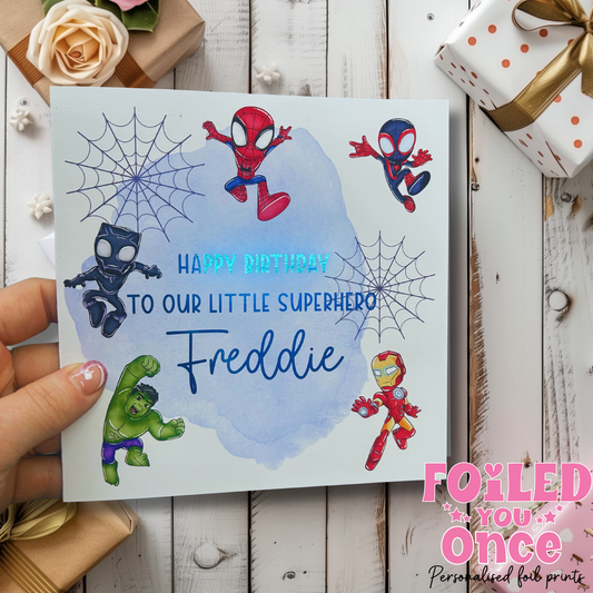 Personalised Superhero Birthday Card  any name | Kids Birthday | luxury Blue foil personalisation
