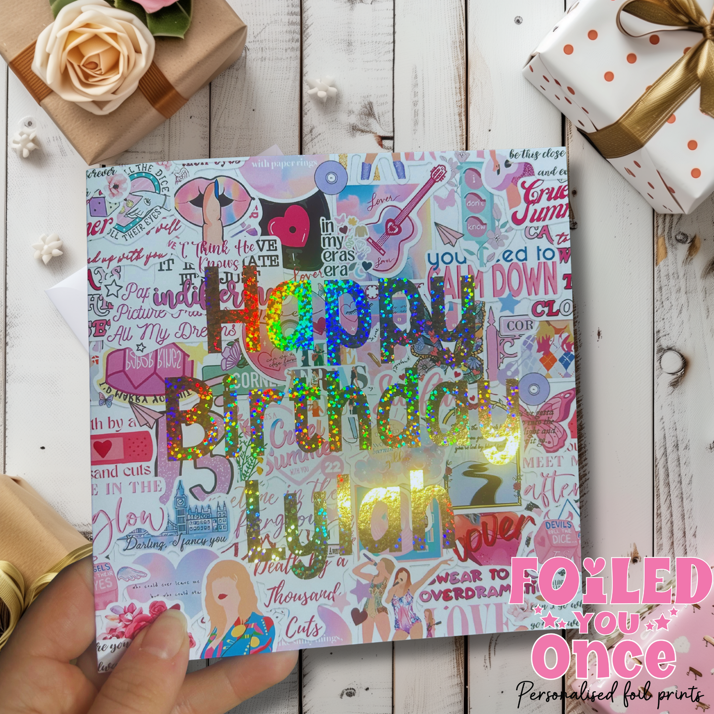 Personalised Pop Star Inspired Happy Birthday Card | 6x6 Holographic Foil Birthday Card